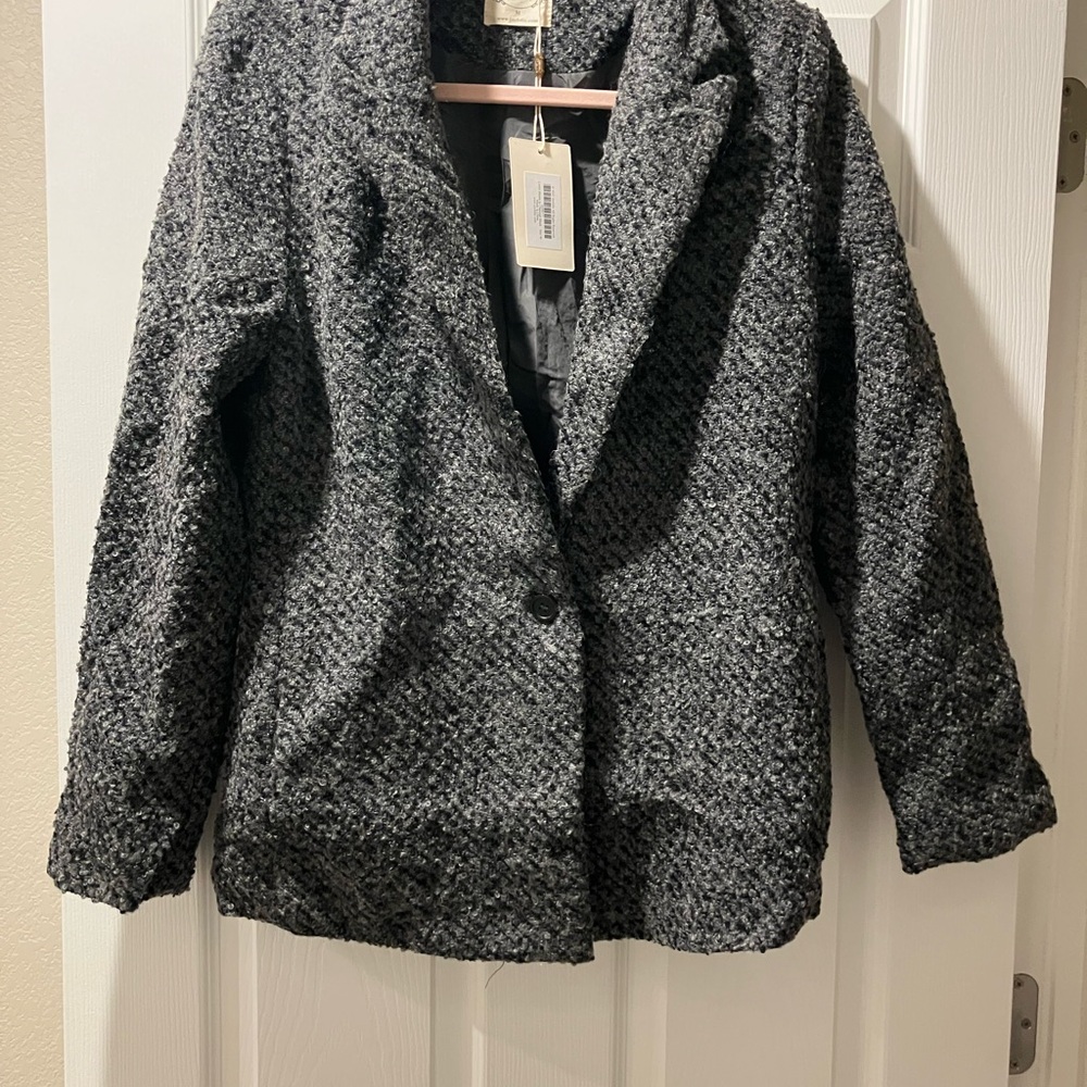 Joyfolie Charcoal Gray Textured Bouclé Blazer